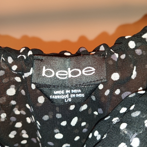 BEBE Black Grey White Polka Dots Long Sleeve Off The Shoulder Blouse - Picture 3 of 5